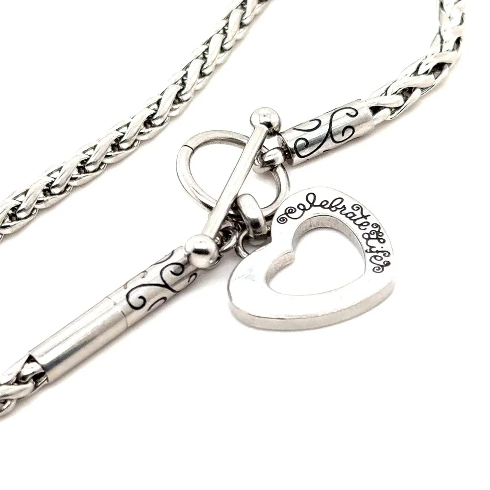 Brighton Celebrate Life Heart Charm Wheat Chain Toggle Bracelet Silver Tone